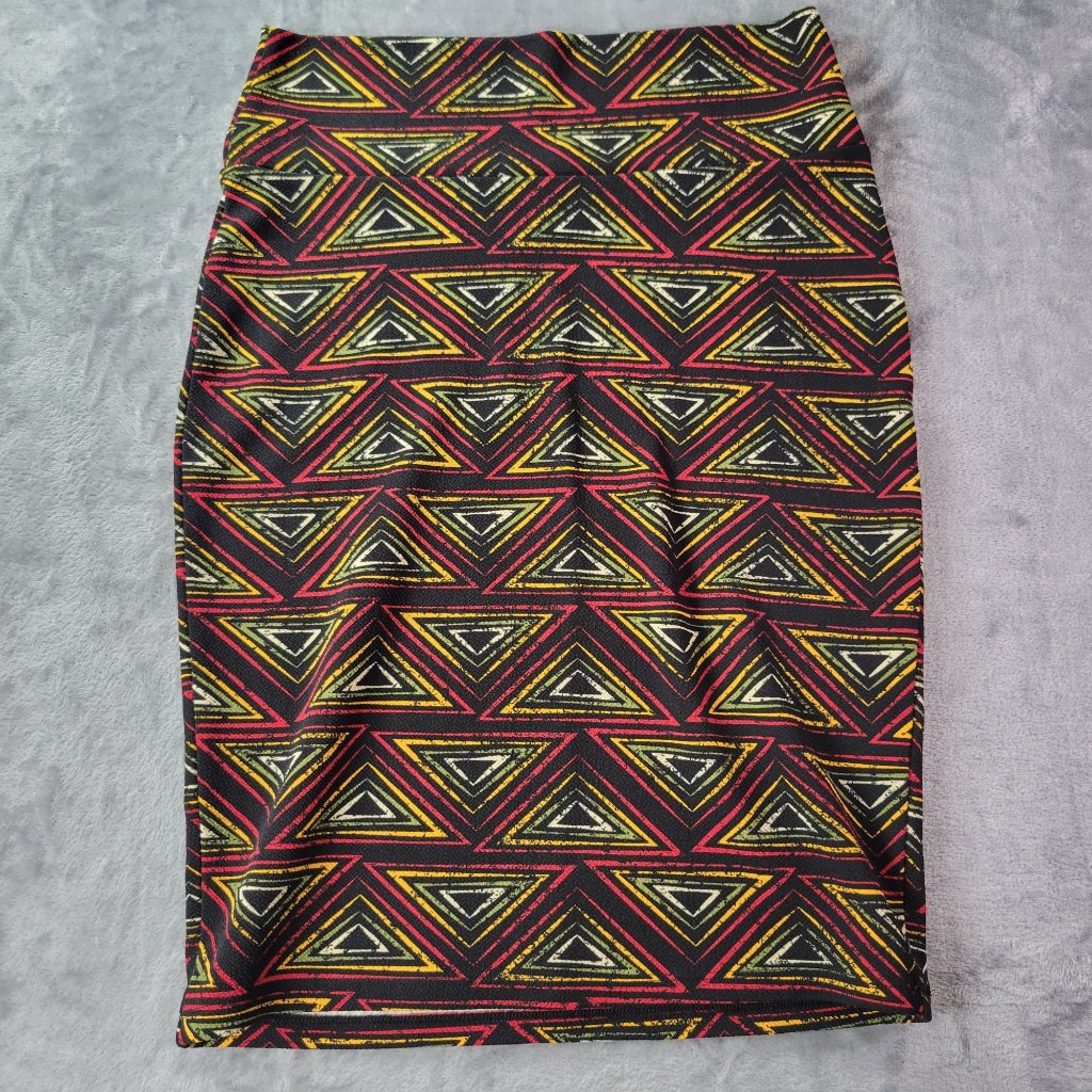 Lularoe Womens Cassie Skirt S Black Yellow Red Geometric Bodycon Stretch Pencil